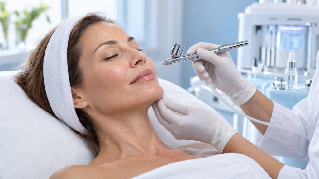 Кислородна мезотерапия Intraceuticals: специалист нанася серум с кислород под налягане върху лицето на пациентка